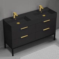 56 inch Double Floating Bathroom Vanity With Black Ceramic Sink Top - Matte Black, Free Standing, Gold Handles